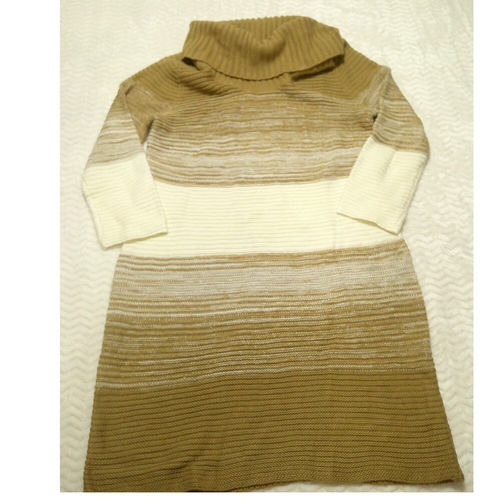 London Times Sweater Dress Size XL Woman's Tan Striped Cowl Neck 3/4 Sleeves